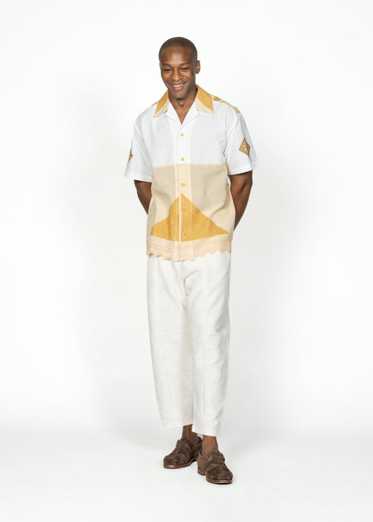The André Shirt / White Poplin Cotton with Yellow Embroidery
