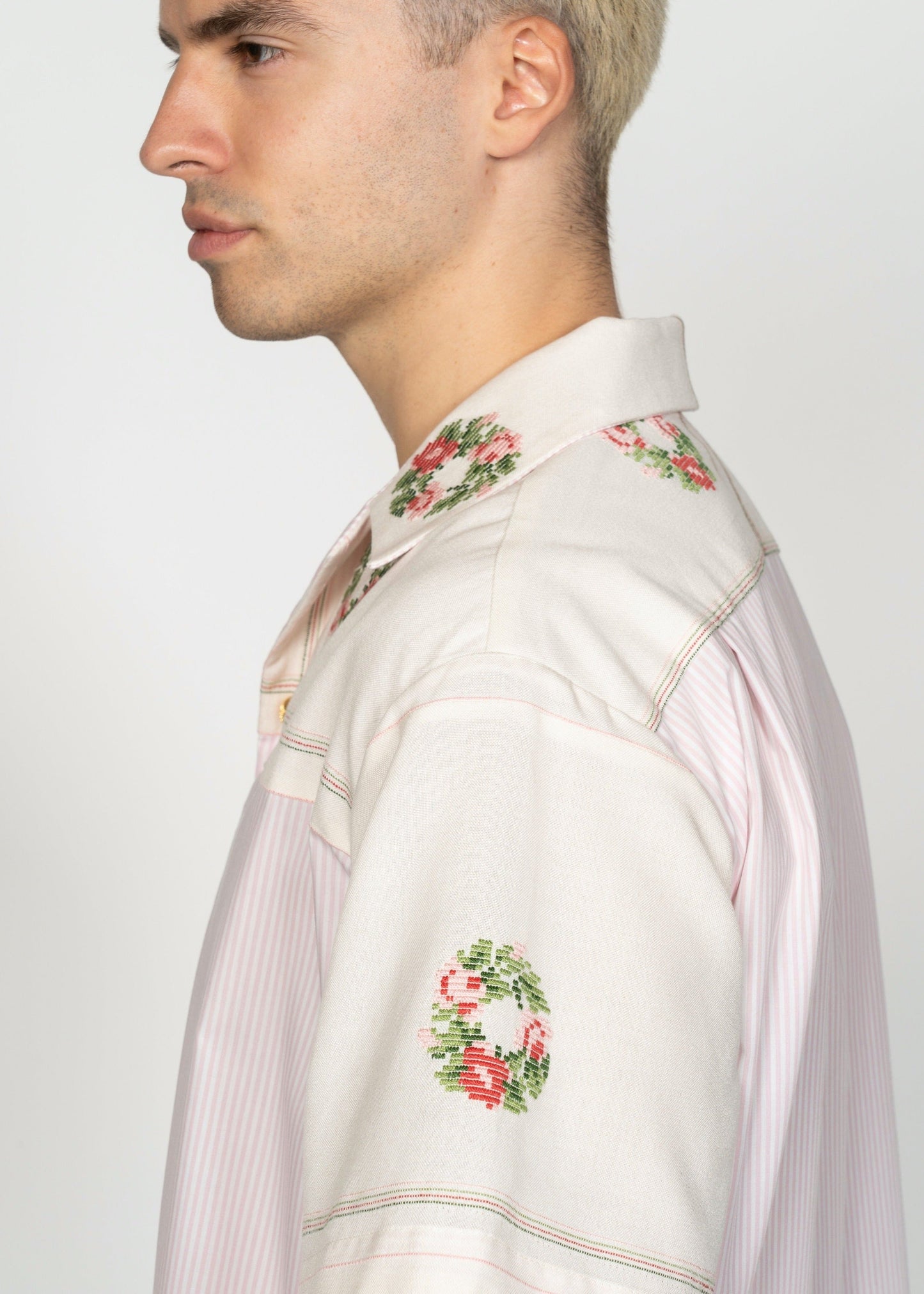 The André Shirt / Baby Pink with White Stirpes and Handwoven Details