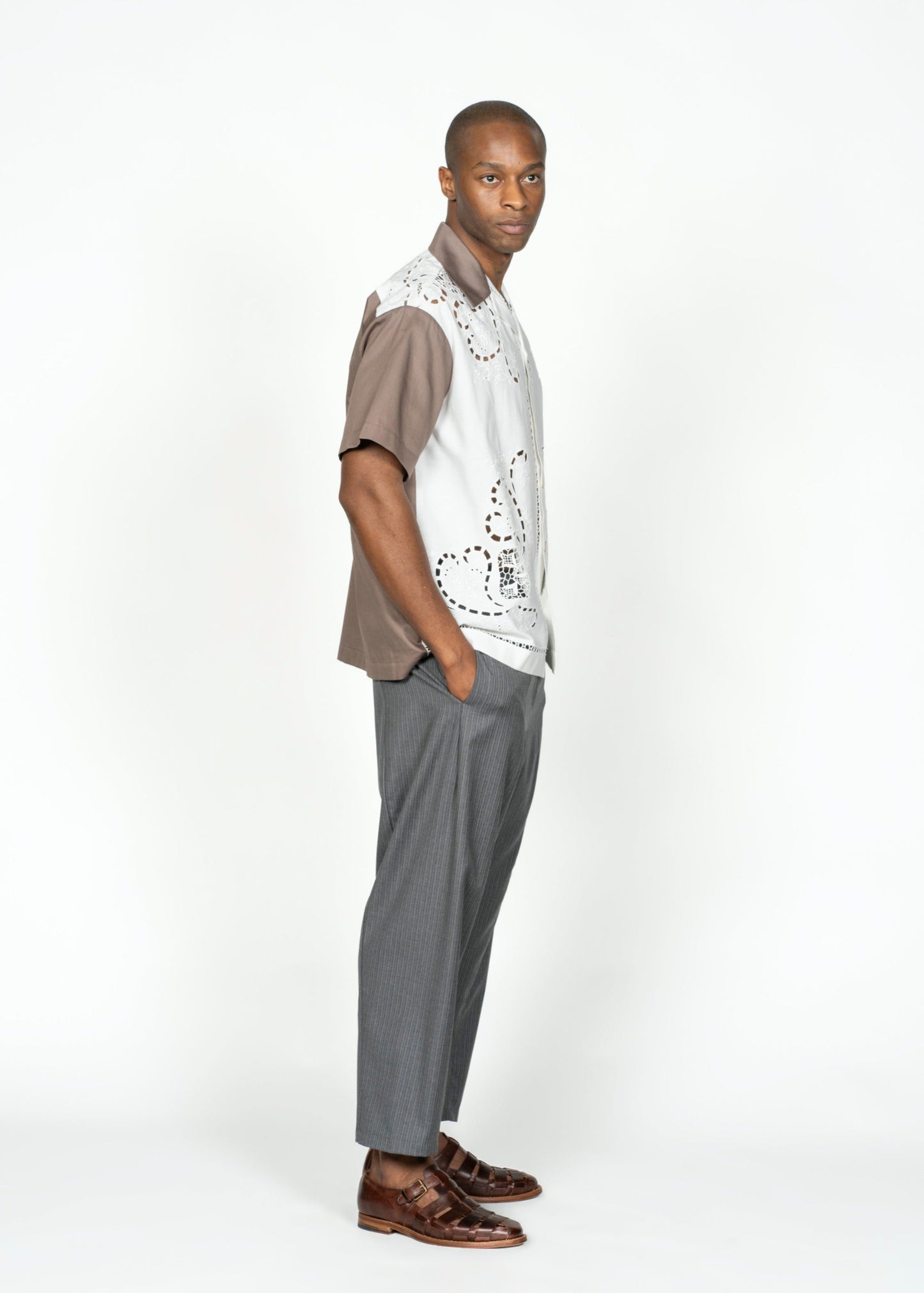 The Andre Shirt / White Cotton with Emboidery and Dark Brown Poplin