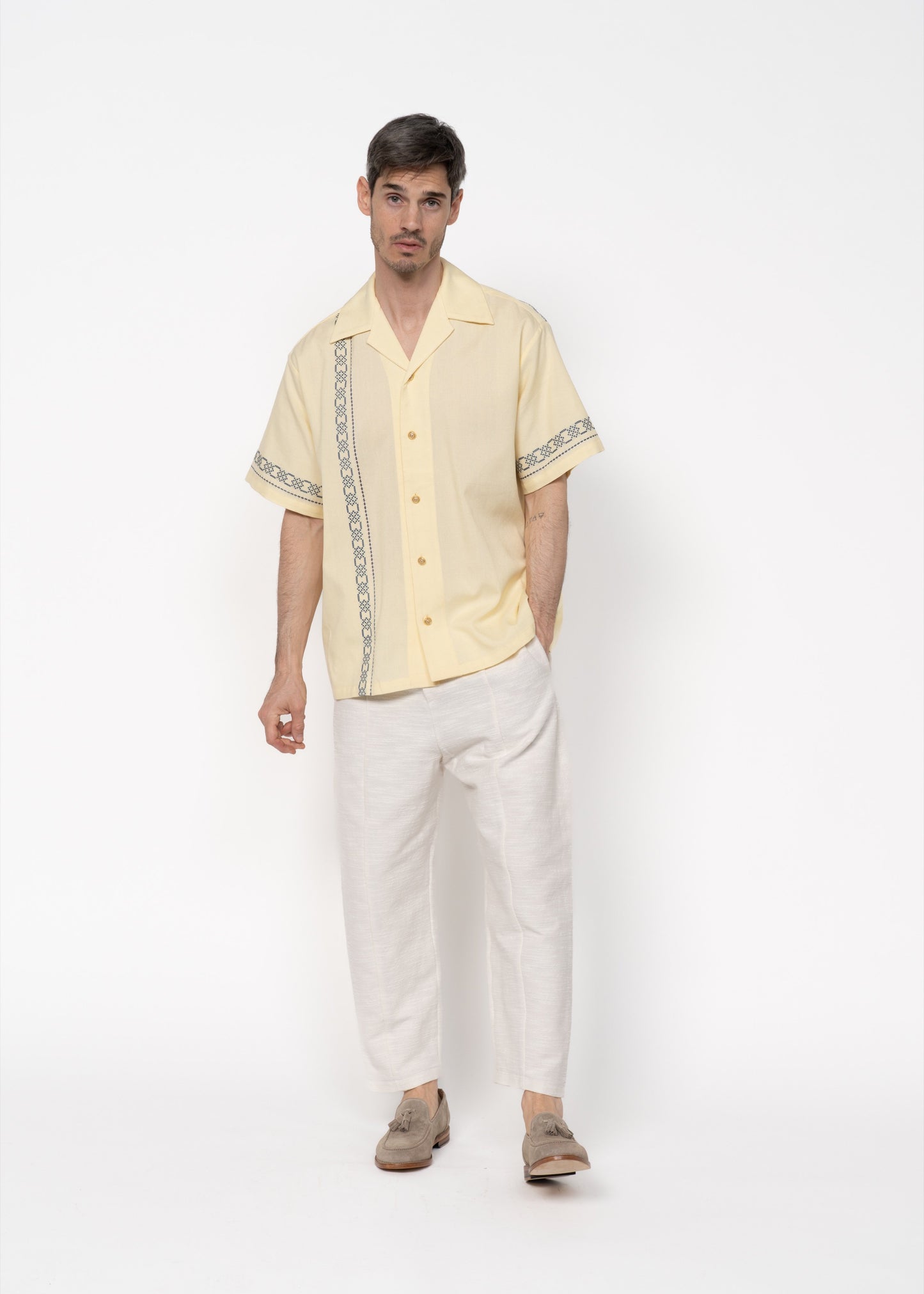 The André Shirt Handwoven Yellow with Blue Embroidery