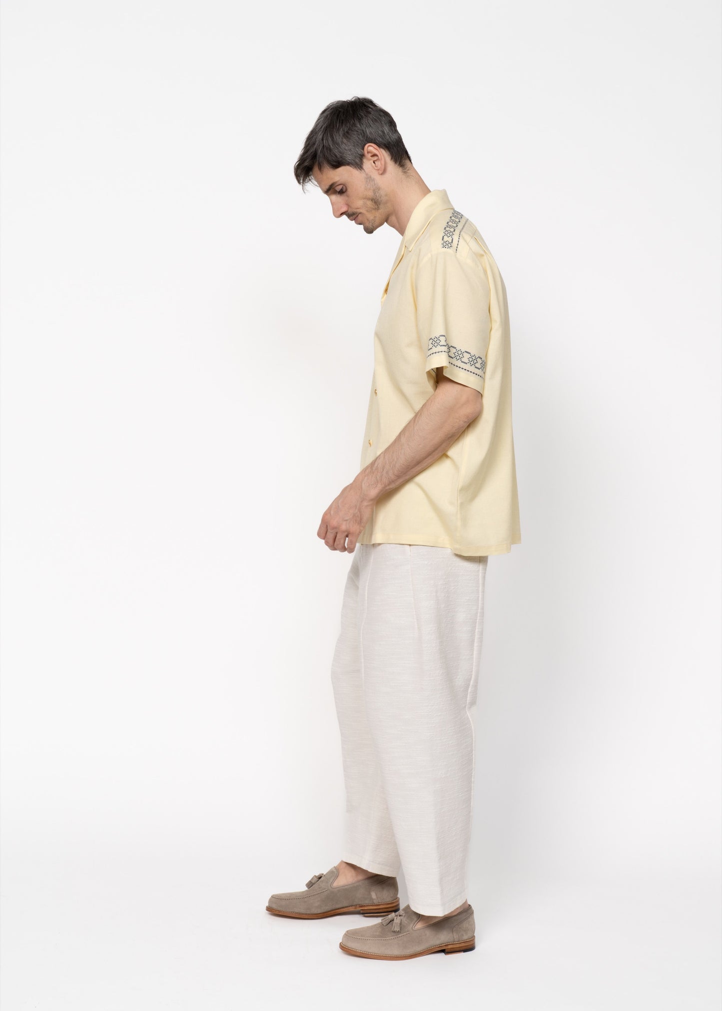 The André Shirt Handwoven Yellow with Blue Embroidery
