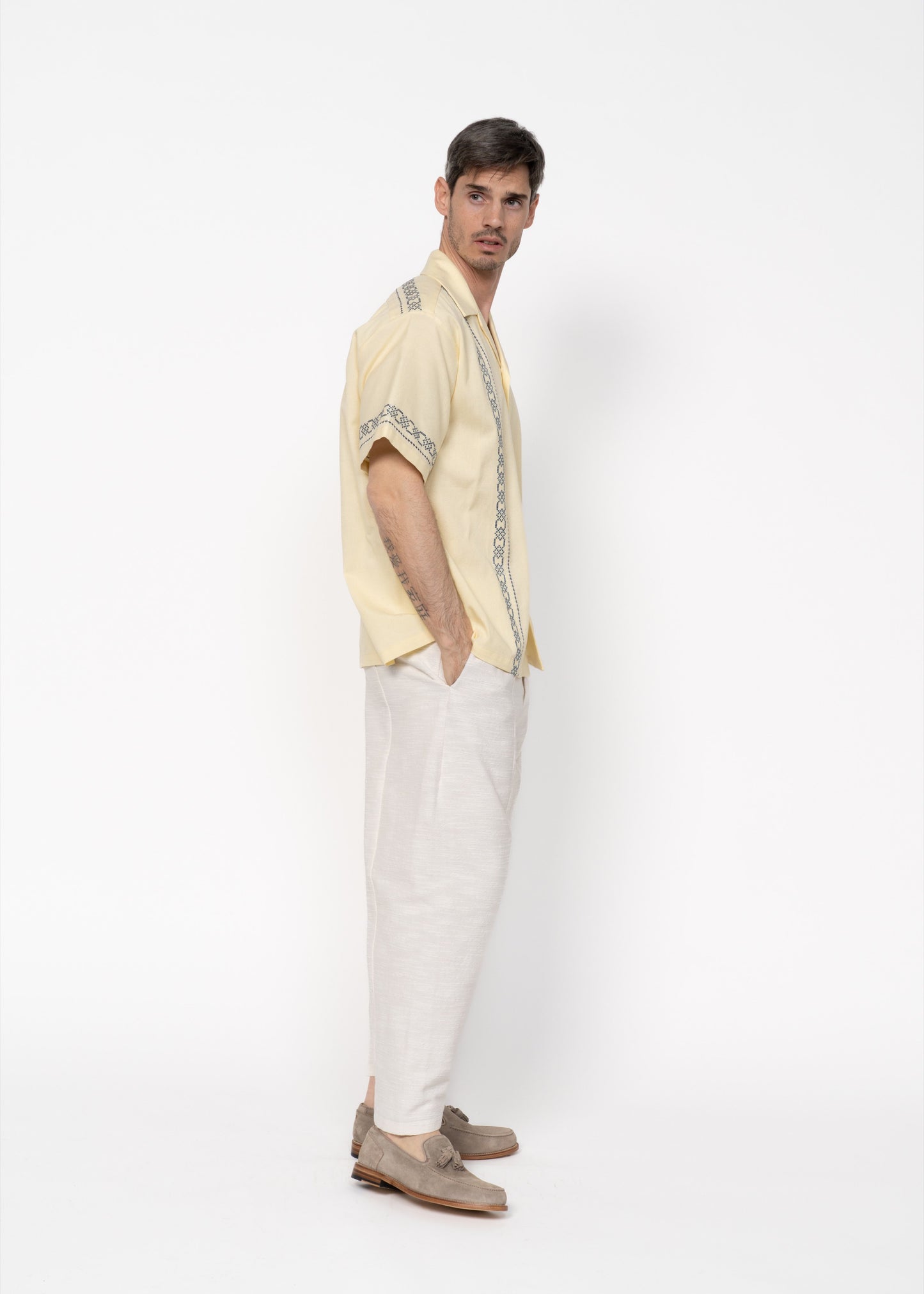The André Shirt Handwoven Yellow with Blue Embroidery