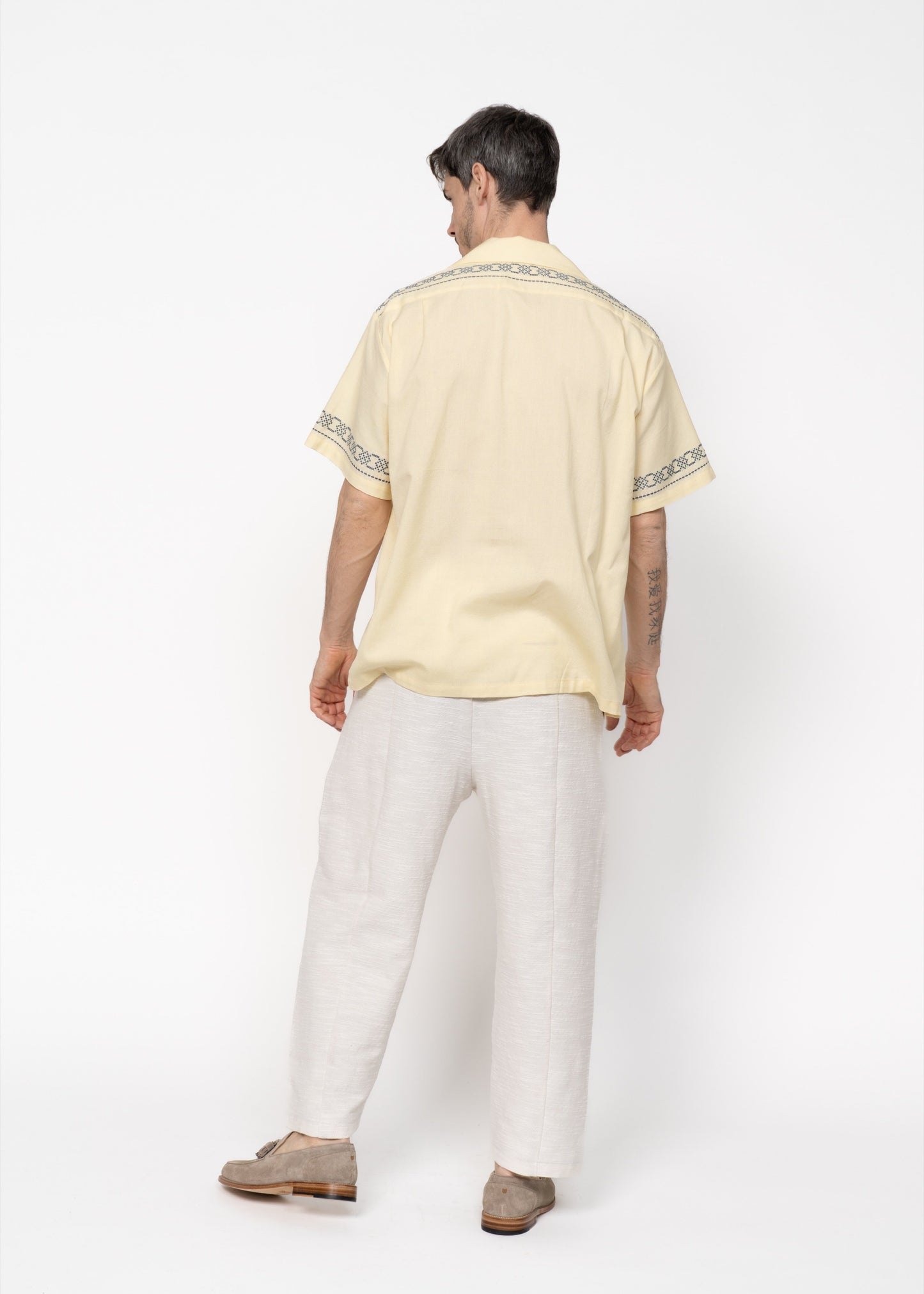 The André Shirt Handwoven Yellow with Blue Embroidery