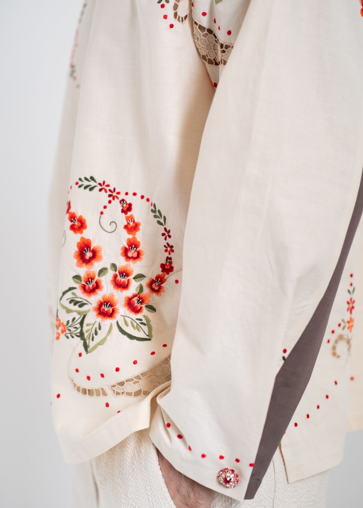 The Long Sleeve Shirt with Embroidered Red Flowers