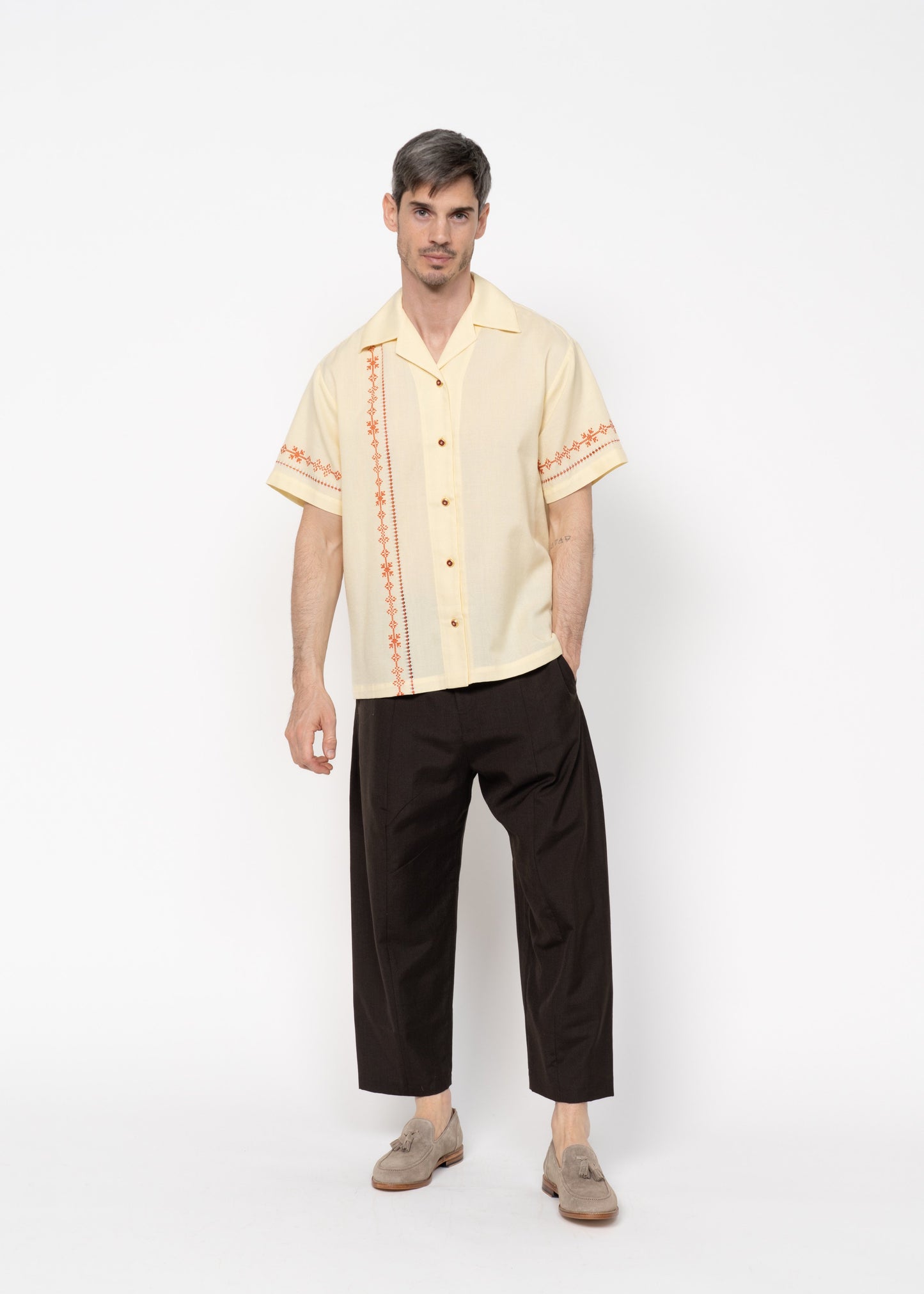 The André Shirt Handwoven / Yellow with Red Embroidery