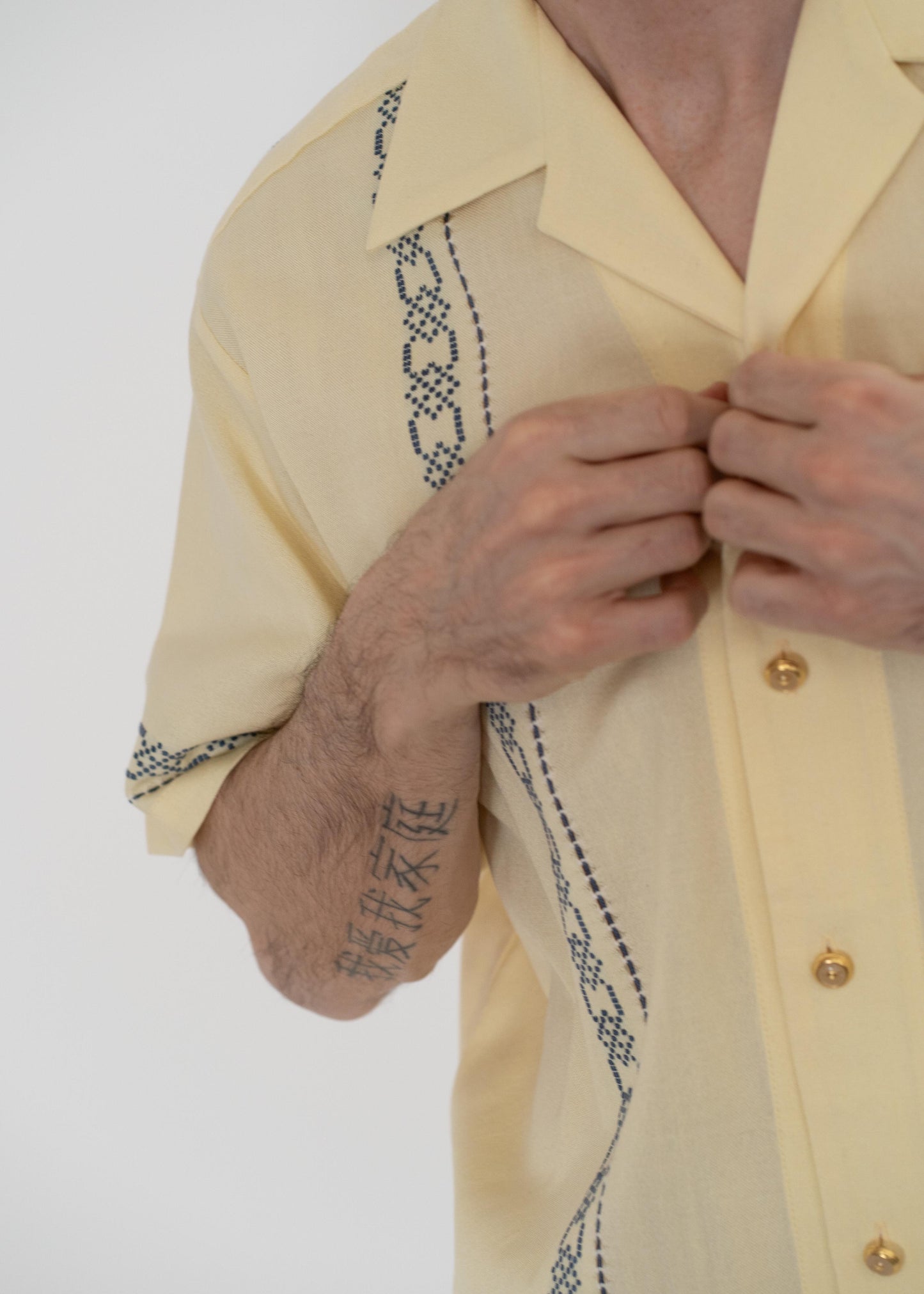 The André Shirt Handwoven Yellow with Blue Embroidery