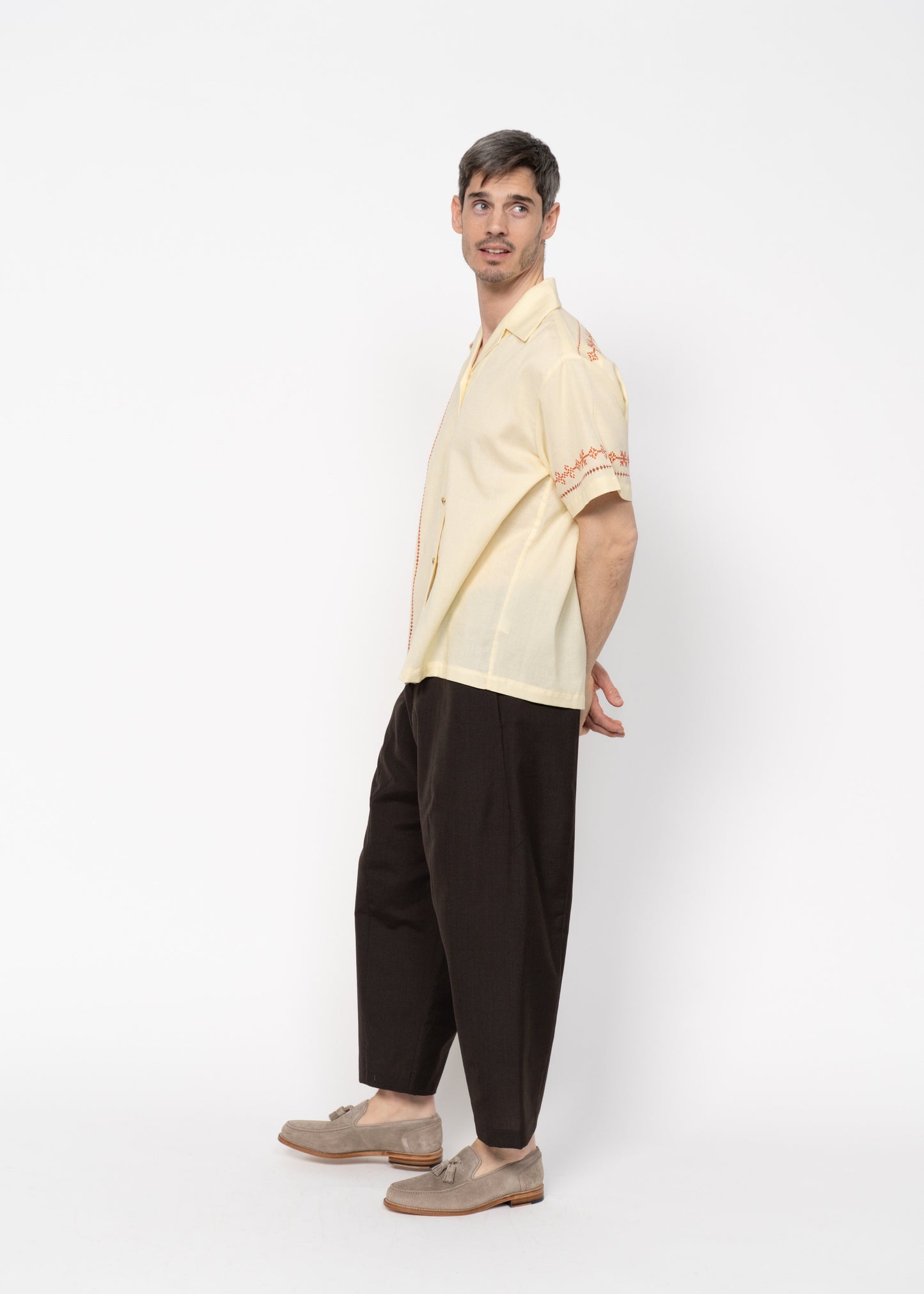 The André Shirt Handwoven / Yellow with Red Embroidery