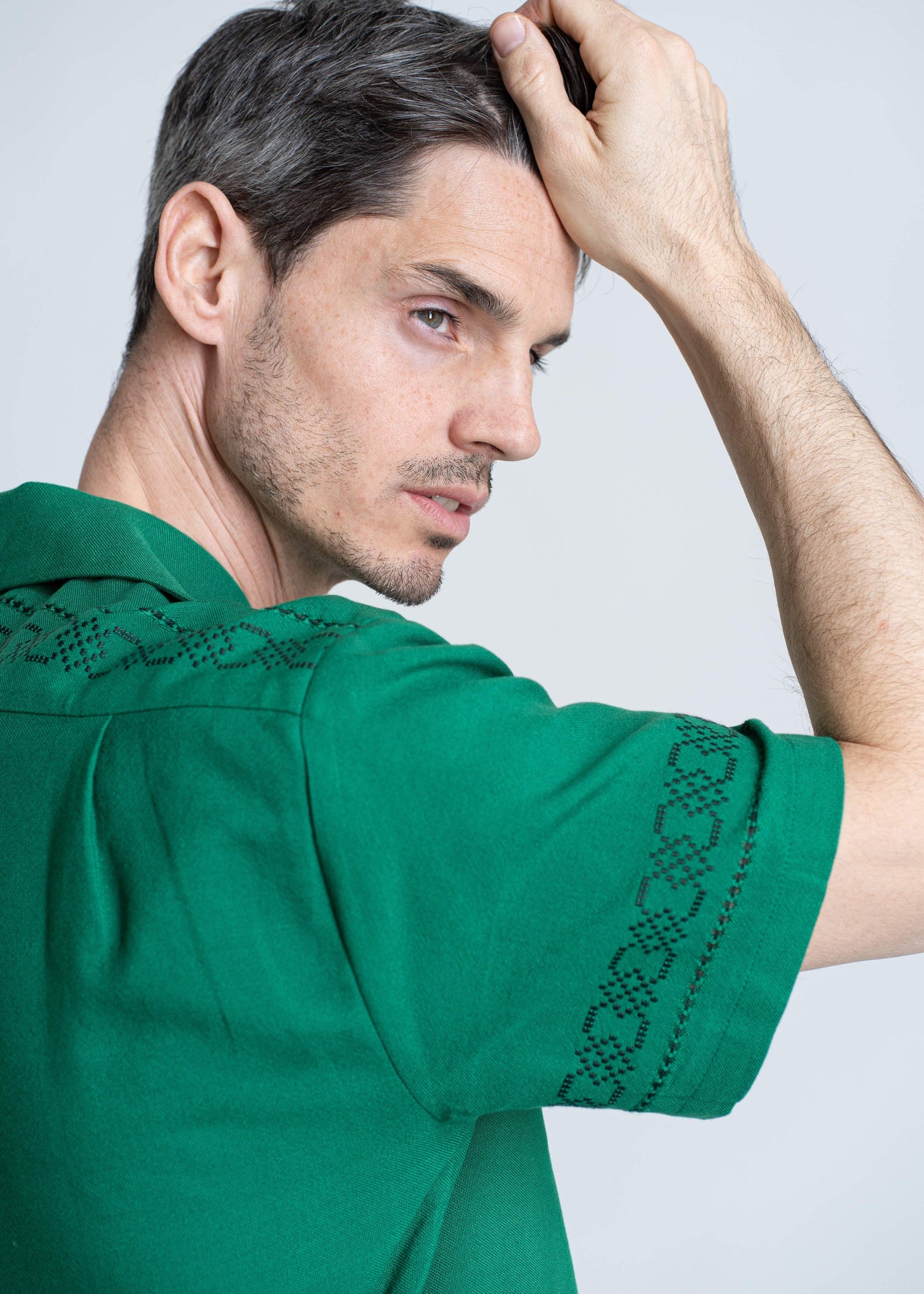 The André Shirt Handwoven Green with Blue Embroidery