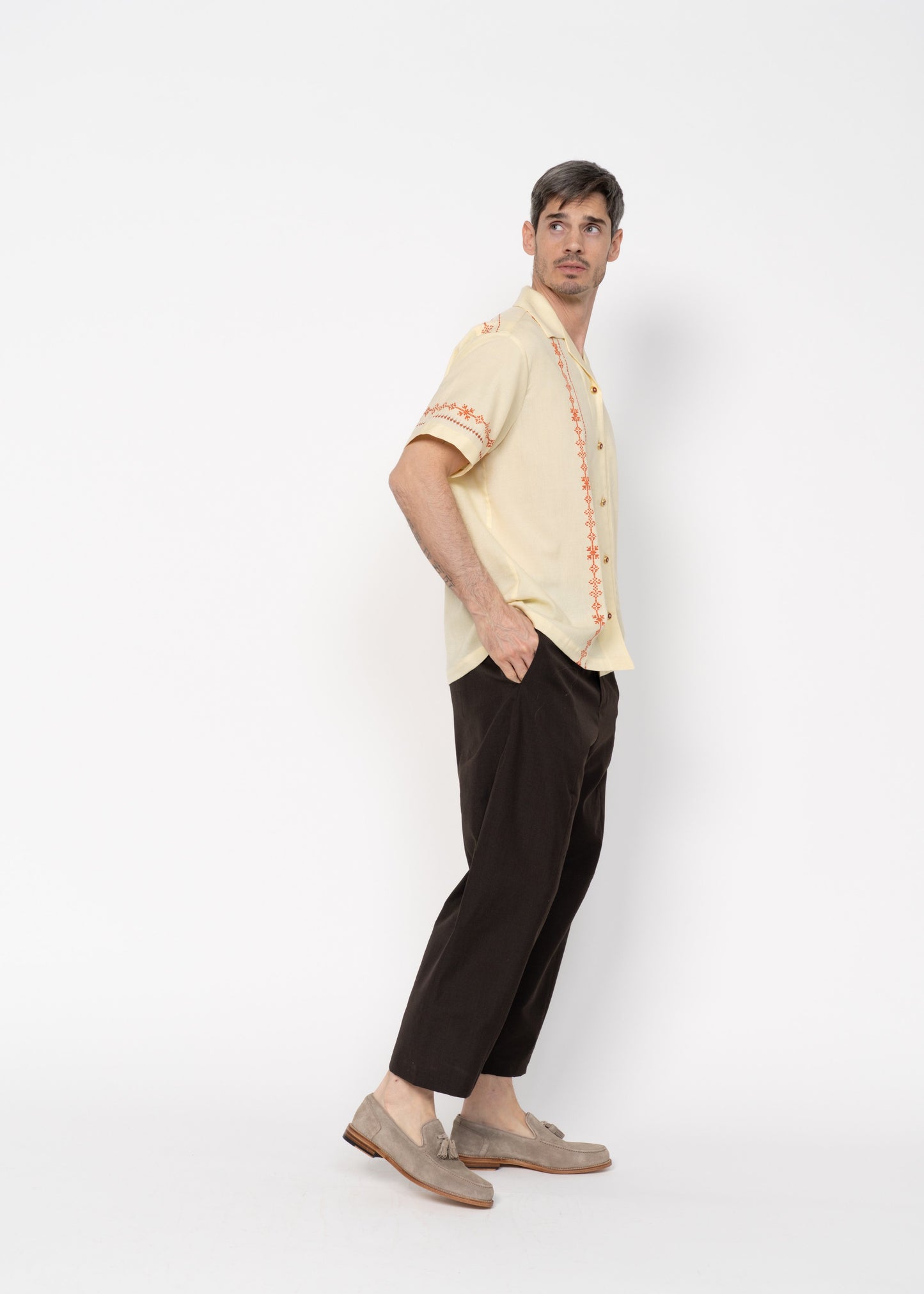 The André Shirt Handwoven / Yellow with Red Embroidery
