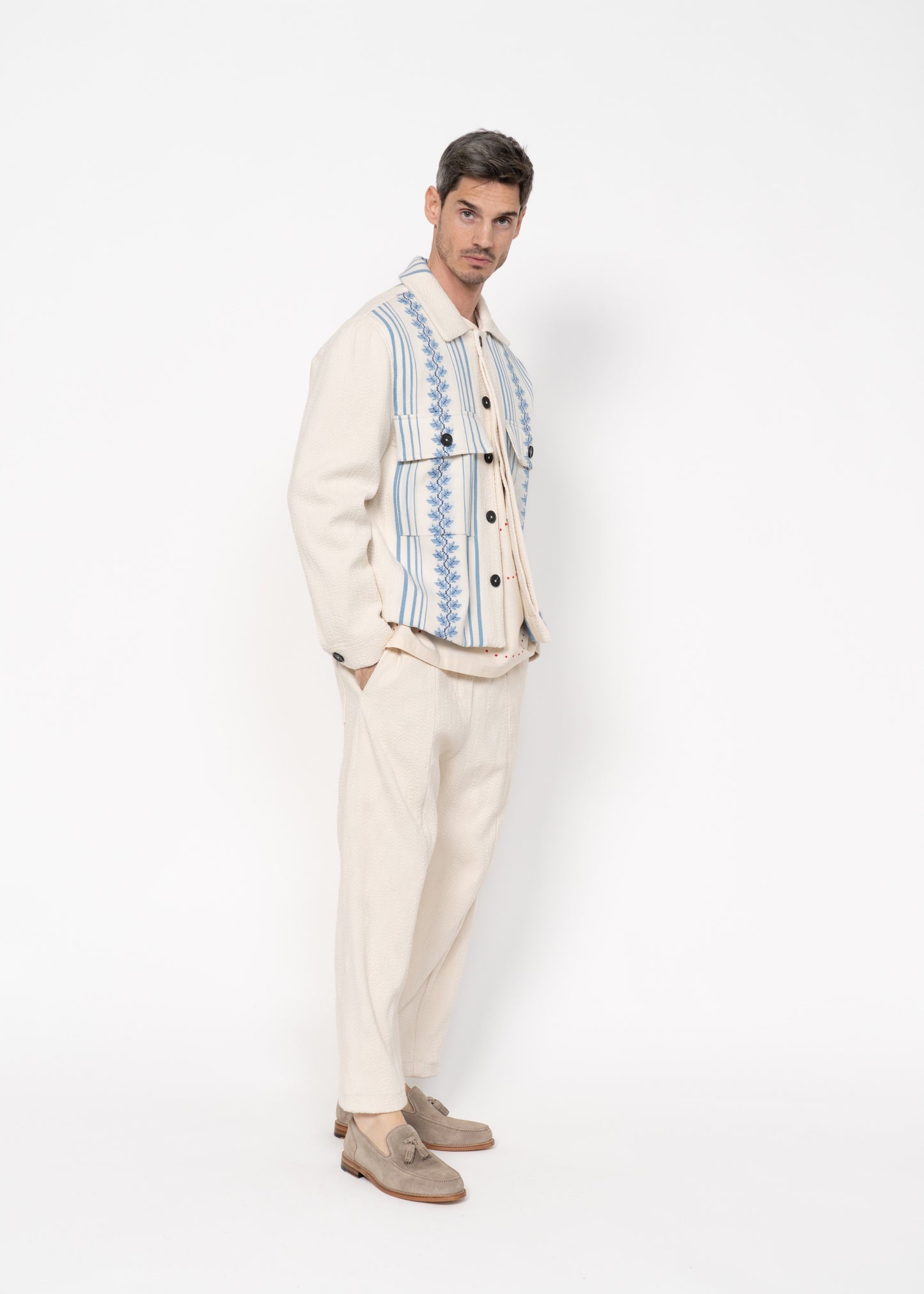 The Easy Jacket Handwoven Bouclé / Off White and Blue Embroidery