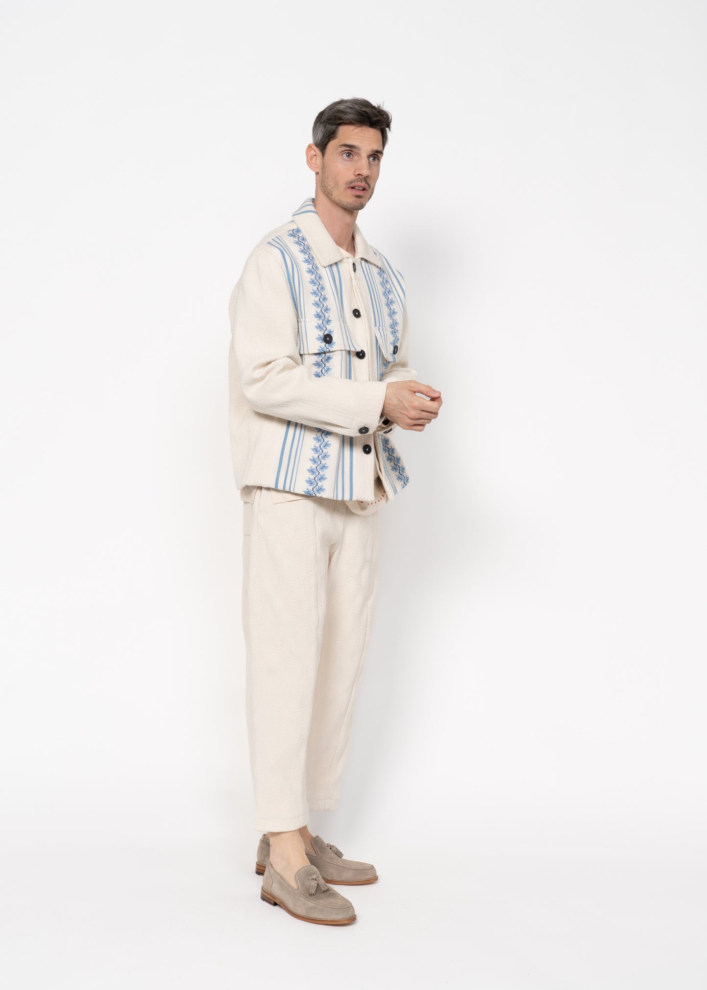 The Easy Jacket Handwoven Bouclé / Off White and Blue Embroidery