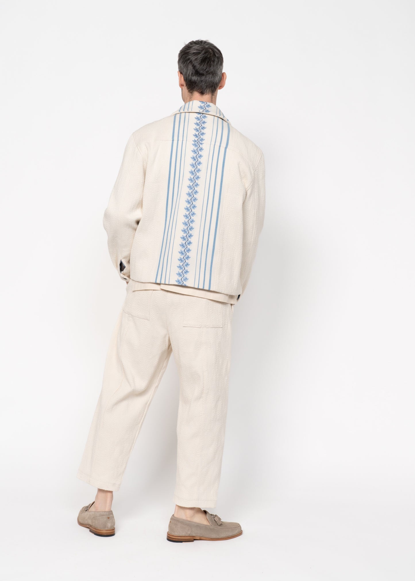 The Easy Jacket Handwoven Bouclé / Off White and Blue Embroidery