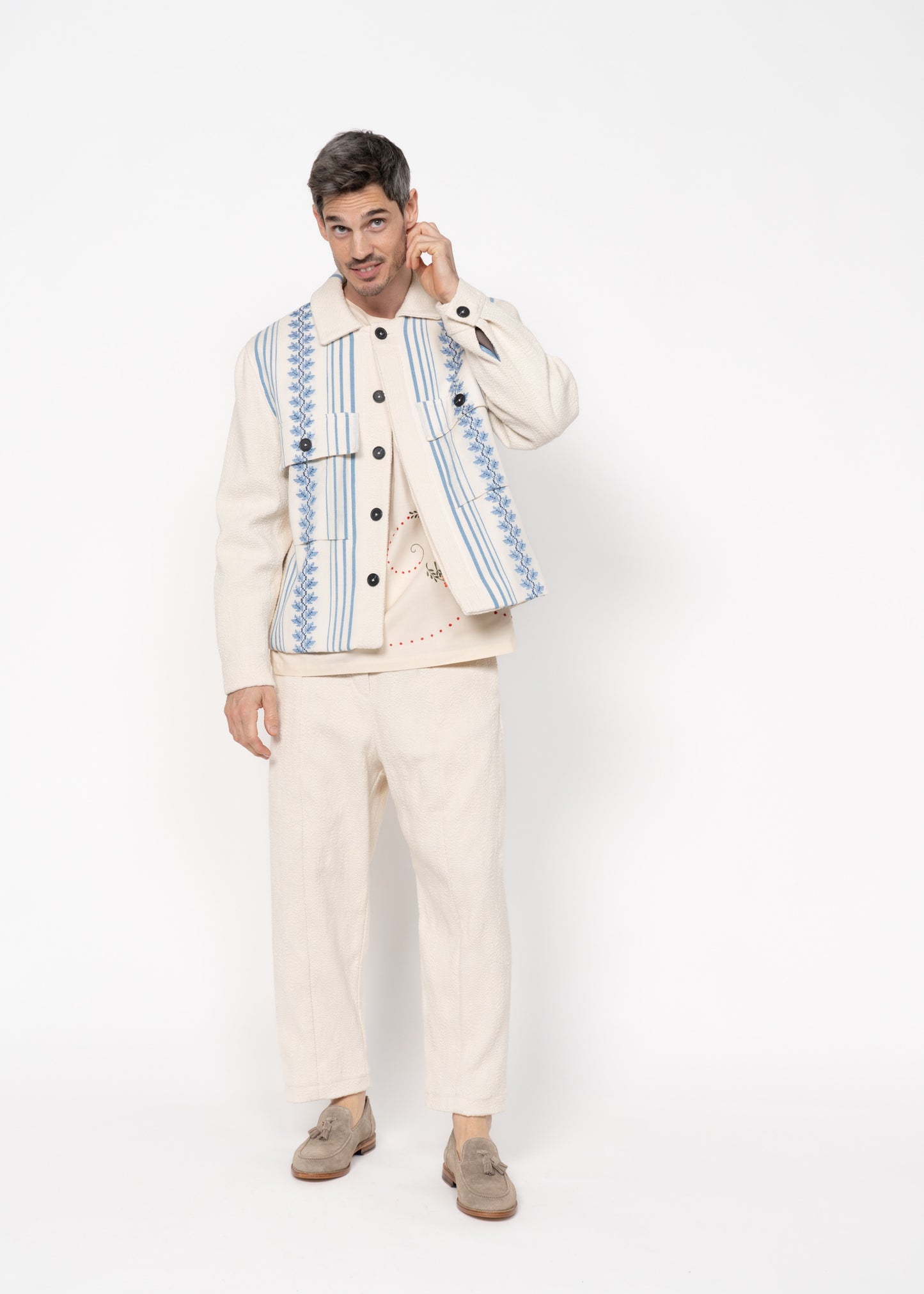 The Easy Jacket Handwoven Bouclé / Off White and Blue Embroidery