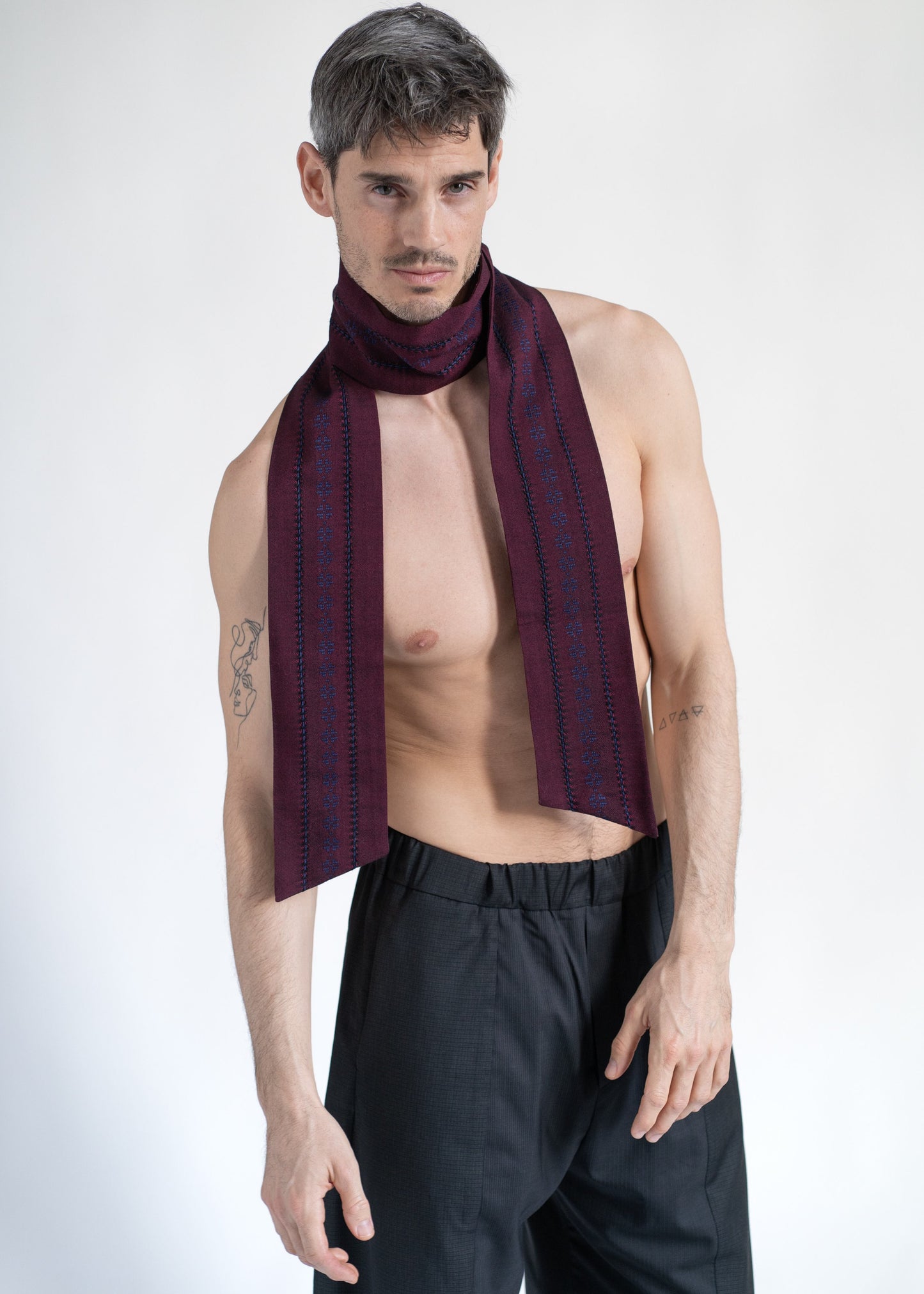 The Slim Scarf Burgundy with Blue Embroidery