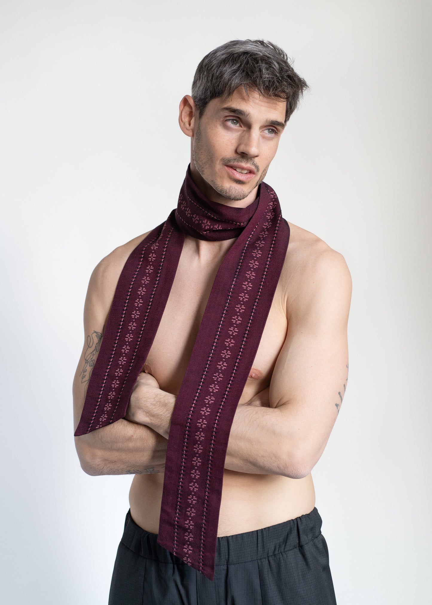 The Slim Scarf Burgundy with Pink Embroidery