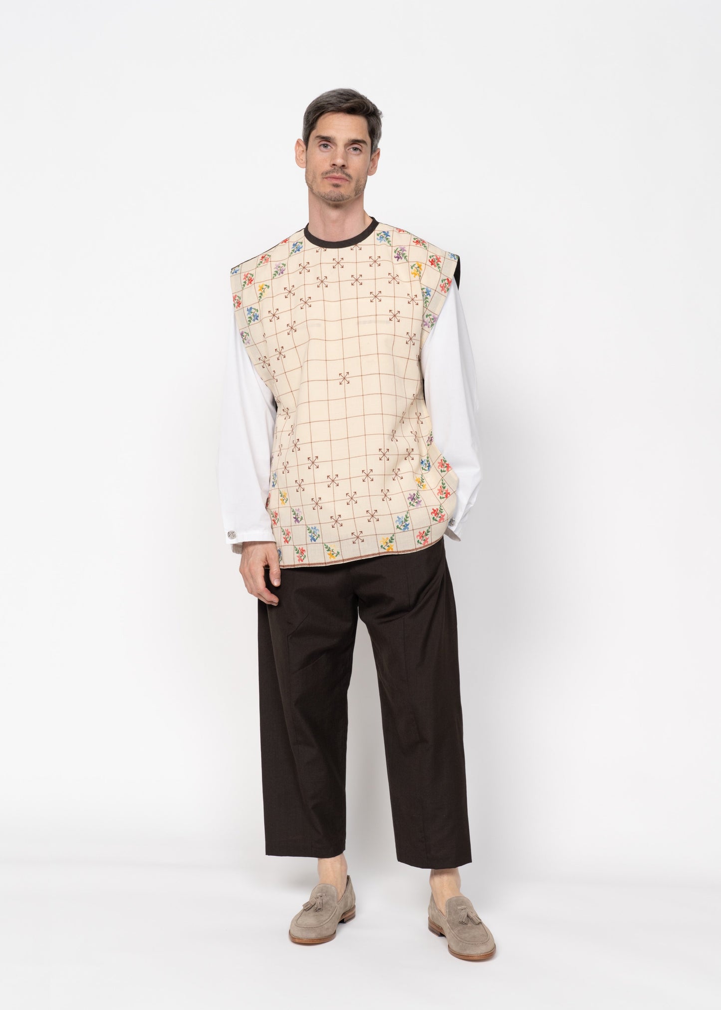 The Vest Beige with Embroidery and Brown Back