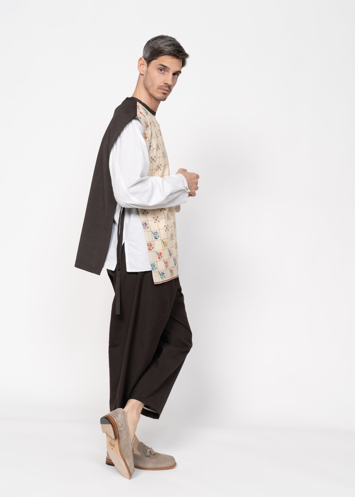 The Vest Beige with Embroidery and Brown Back