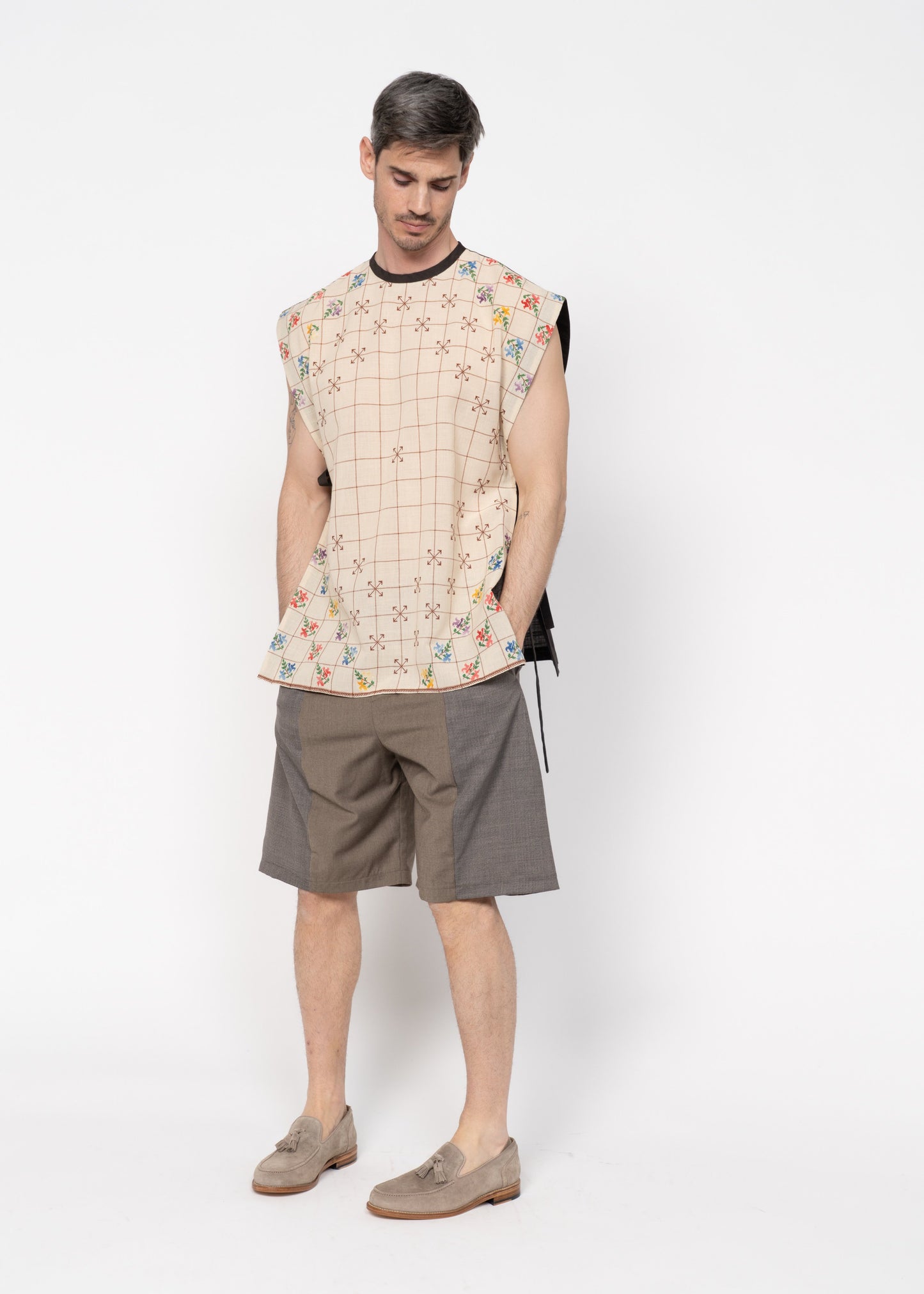 The Vest Beige with Embroidery and Brown Back