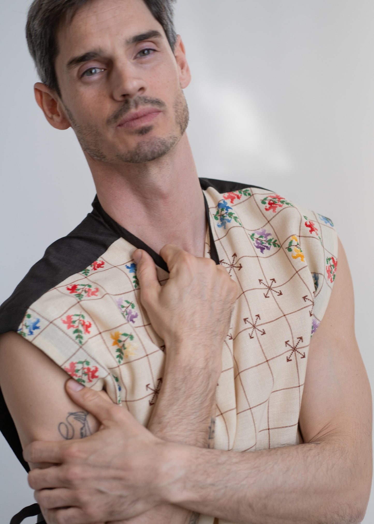 The Vest Beige with Embroidery and Brown Back