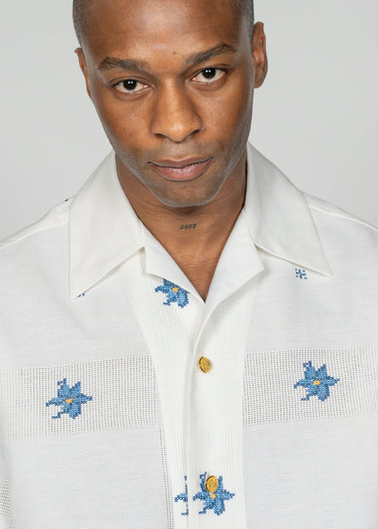 The André Shirt /  White Poplin with Blue Flowers