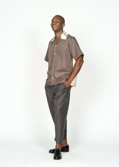 The André Shirt / Brown Poplin / Beige Back with Crochet and Embroidery