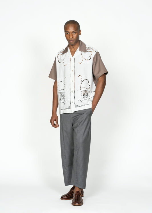 The Andre Shirt / White Cotton with Emboidery and Dark Brown Poplin