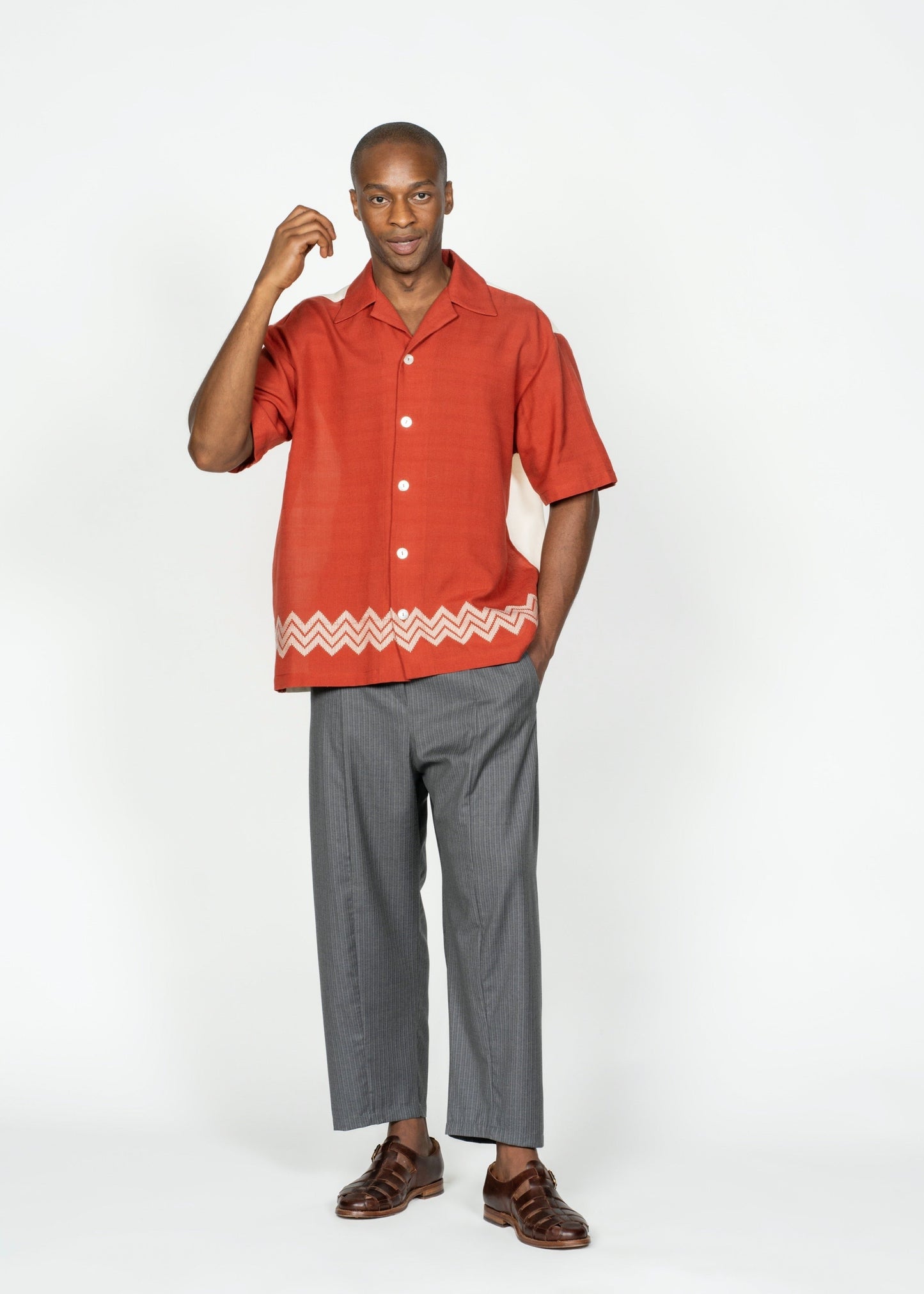 The André Shirt / Handwoven / Brick Red with Creme Details