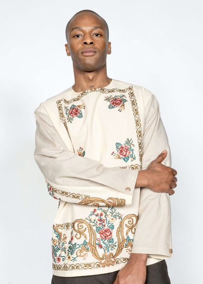 The Long Sleeve Shirt / Beige with Embroidery