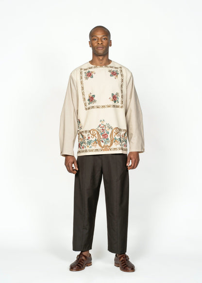 The Long Sleeve Shirt / Beige with Embroidery