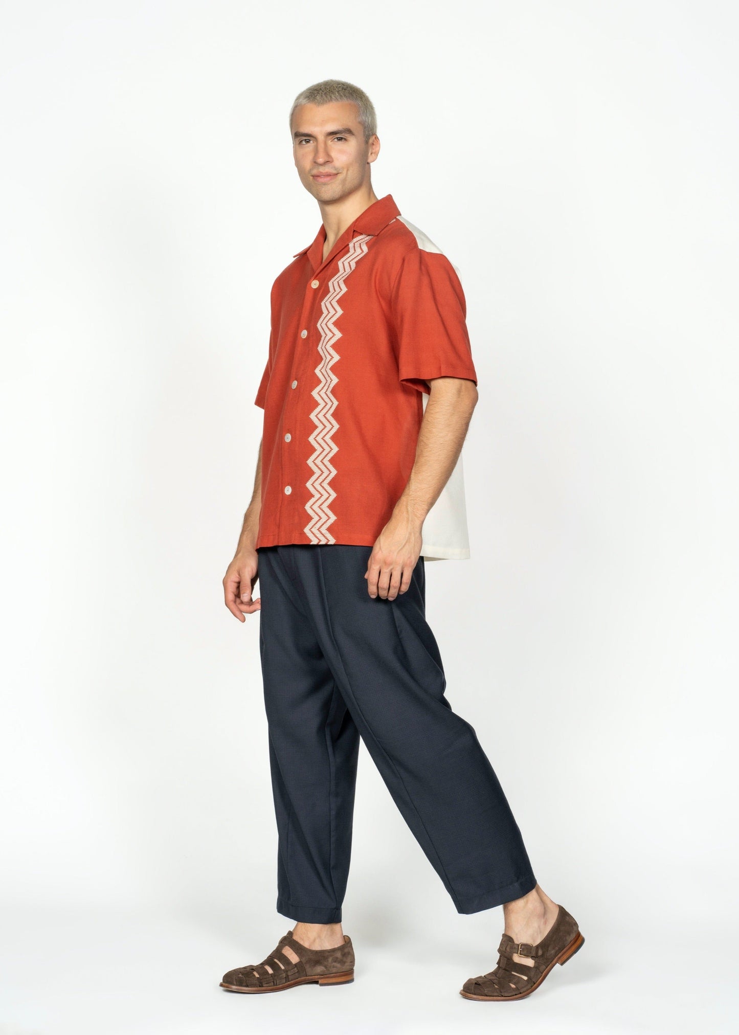 The André Shirt / Handwoven / Brick Red with Light Creme Embroidery