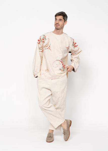 The Long Sleeve Shirt with Embroidered Red Flowers