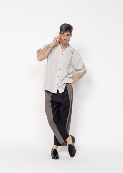 The André Shirt Handwoven Light Grey with Blue Embroidery