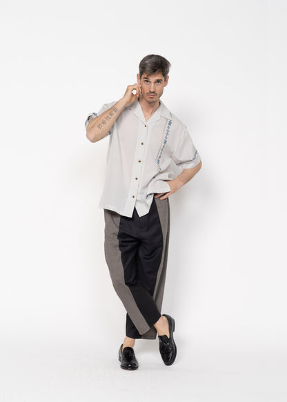 The André Shirt Handwoven Light Grey with Blue Embroidery