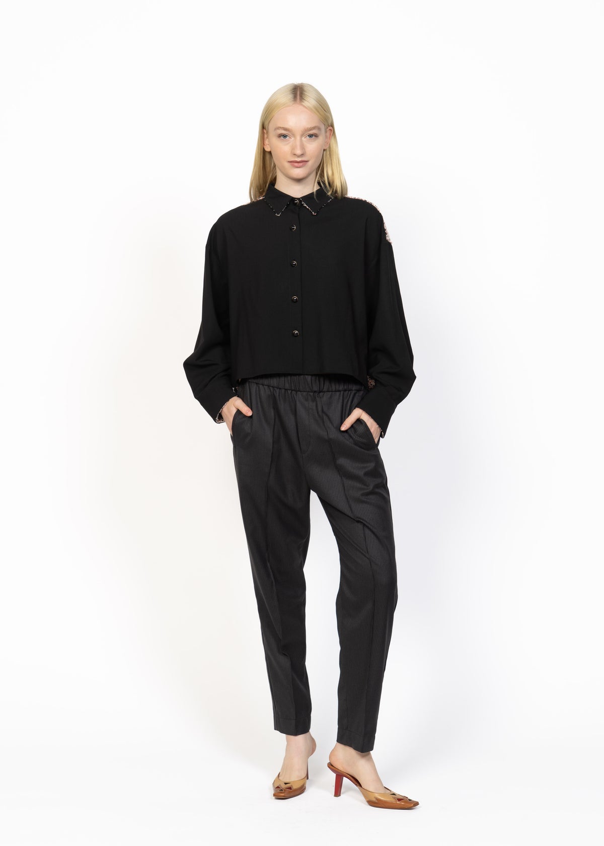 Her Lightweight Wool Shirt Black with Bouclé Back