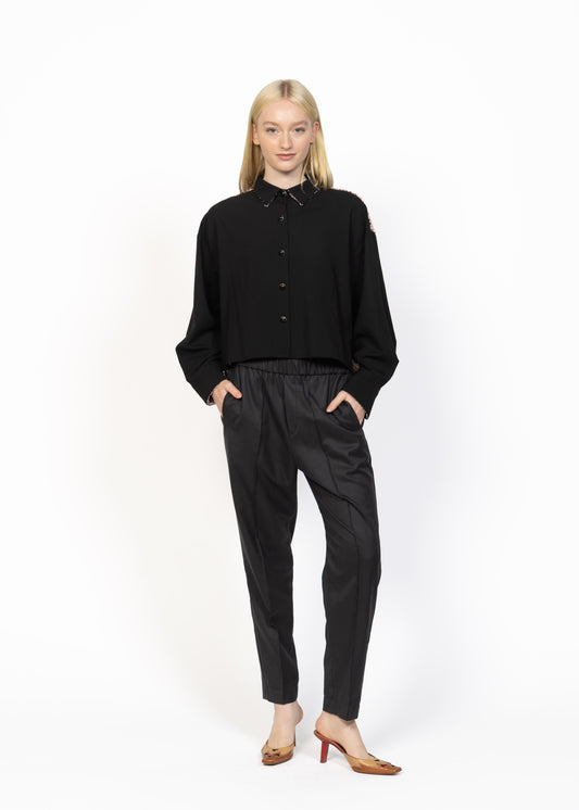 Her Lightweight Wool Shirt Black with Bouclé Back