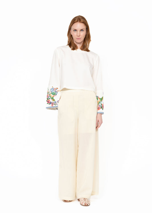 The Cropped Shirt White Embroidered Cuffs