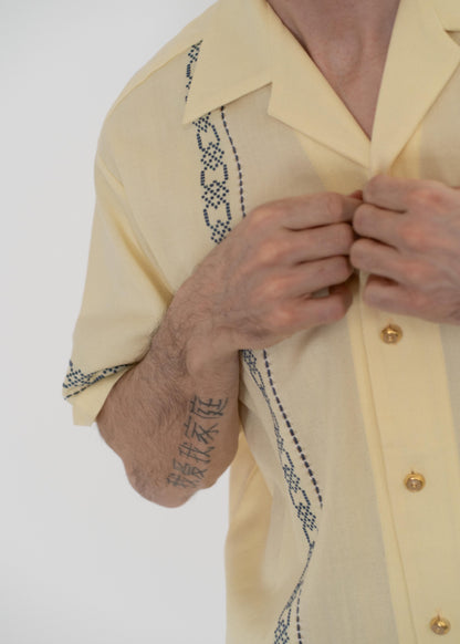 The André Shirt Handwoven Yellow with Blue Embroidery