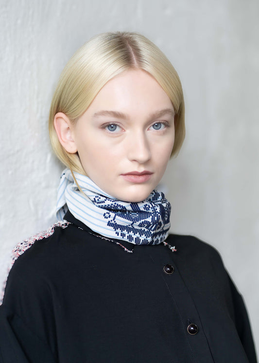 The Rhombus Scarf / Baby Blue Stripes / Blue Emboidery