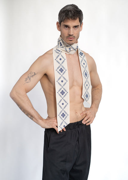 The Slim Scarf Off White with Blue Embroidery